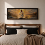 A panoramic painting of Jesus walking across the surface of the sea beneath a glowing golden sunset, his flowing white robes illuminated by radiant light as waves ripple around his feet while distant mountains and dramatic clouds frame the horizon.
