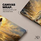A panoramic painting of Jesus walking across the surface of the sea beneath a glowing golden sunset, his flowing white robes illuminated by radiant light as waves ripple around his feet while distant mountains and dramatic clouds frame the horizon.
