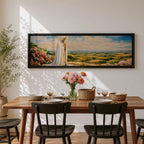 Panoramic painting of the Virgin Mary, the Blessed Mother, standing in prayer on a hillside with colorful flowers overlooking a peaceful countryside landscape beneath a soft blue sky.
