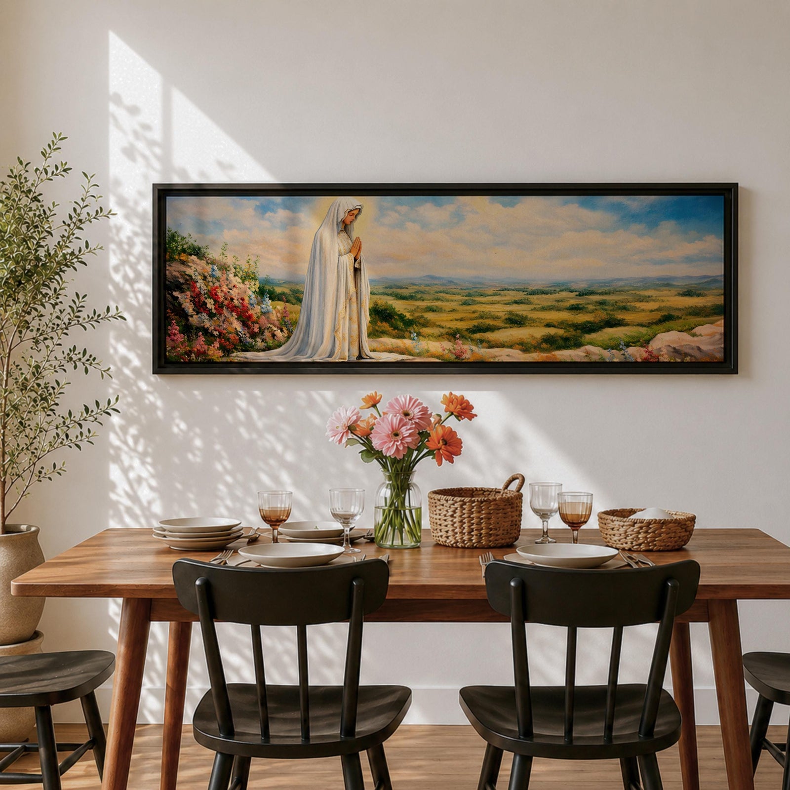 Panoramic painting of the Virgin Mary, the Blessed Mother, standing in prayer on a hillside with colorful flowers overlooking a peaceful countryside landscape beneath a soft blue sky.
