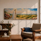 Panoramic painting of the Virgin Mary, the Blessed Mother, standing in prayer on a hillside with colorful flowers overlooking a peaceful countryside landscape beneath a soft blue sky.