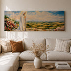 Panoramic painting of the Virgin Mary, the Blessed Mother, standing in prayer on a hillside with colorful flowers overlooking a peaceful countryside landscape beneath a soft blue sky.