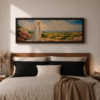 Panoramic painting of the Virgin Mary, the Blessed Mother, standing in prayer on a hillside with colorful flowers overlooking a peaceful countryside landscape beneath a soft blue sky.