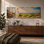Panoramic painting of the Virgin Mary, the Blessed Mother, standing in prayer on a hillside with colorful flowers overlooking a peaceful countryside landscape beneath a soft blue sky.