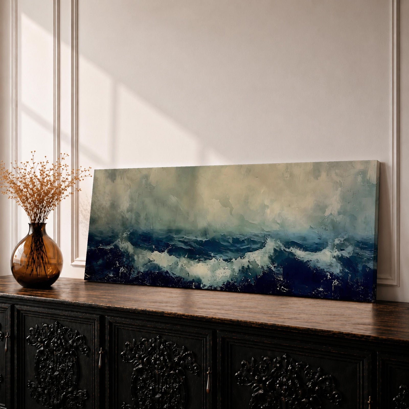 Panoramic painting of dark stormy ocean waves crashing under a cloudy sky, creating a dramatic moody seascape with deep blue water and textured white surf.