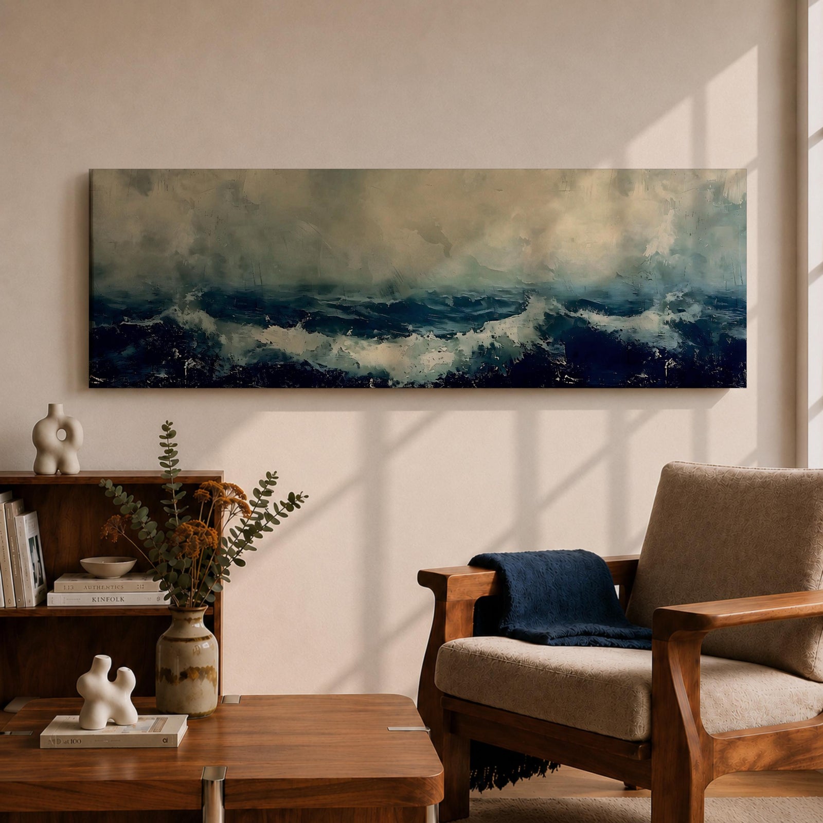 Panoramic painting of dark stormy ocean waves crashing under a cloudy sky, creating a dramatic moody seascape with deep blue water and textured white surf.