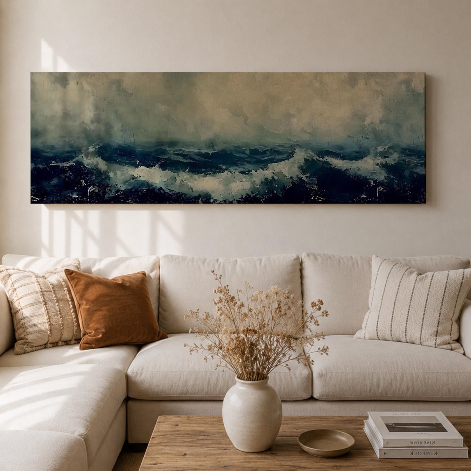 Panoramic painting of dark stormy ocean waves crashing under a cloudy sky, creating a dramatic moody seascape with deep blue water and textured white surf.