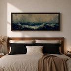 Panoramic painting of dark stormy ocean waves crashing under a cloudy sky, creating a dramatic moody seascape with deep blue water and textured white surf.