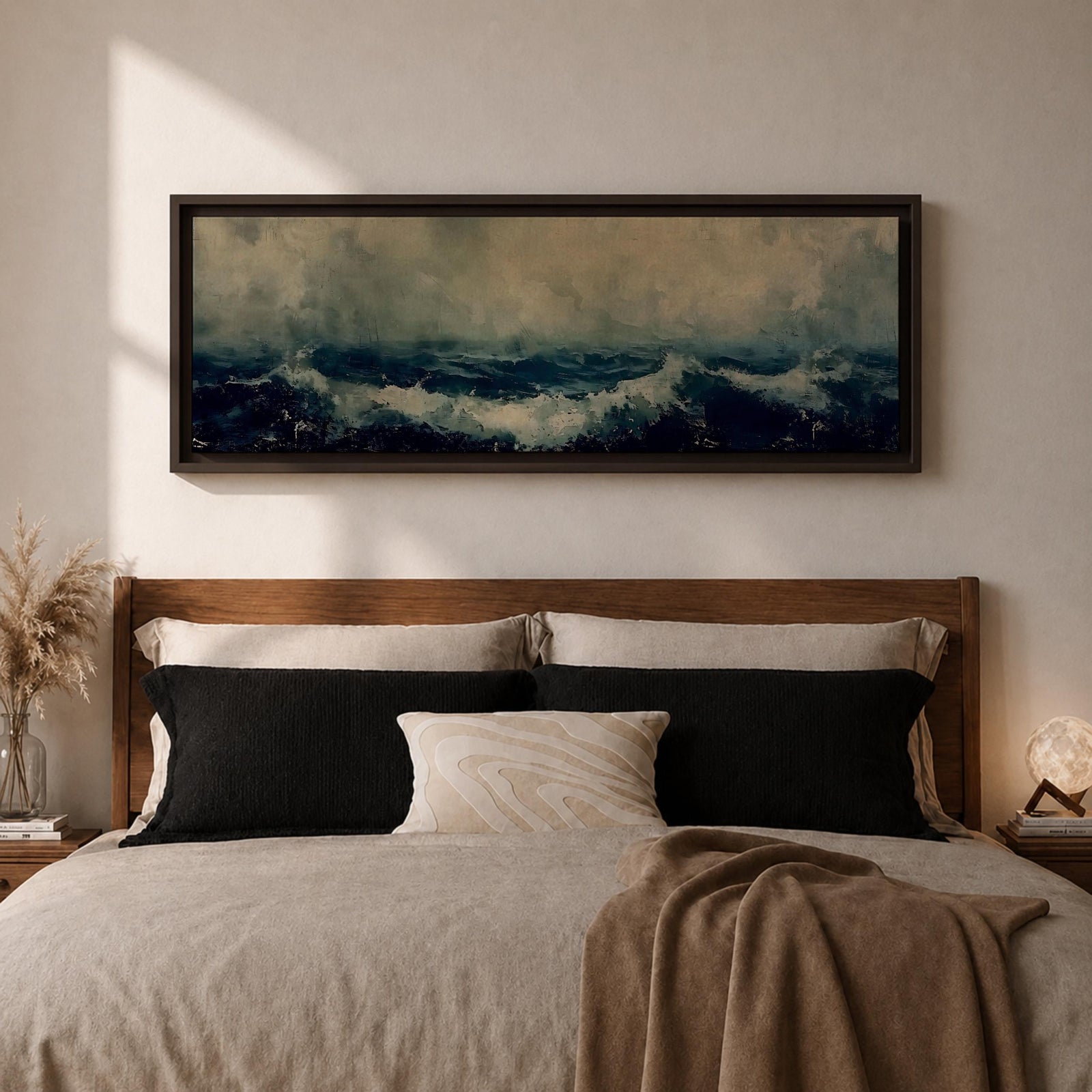 Panoramic painting of dark stormy ocean waves crashing under a cloudy sky, creating a dramatic moody seascape with deep blue water and textured white surf.