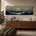 Panoramic painting of dark stormy ocean waves crashing under a cloudy sky, creating a dramatic moody seascape with deep blue water and textured white surf.