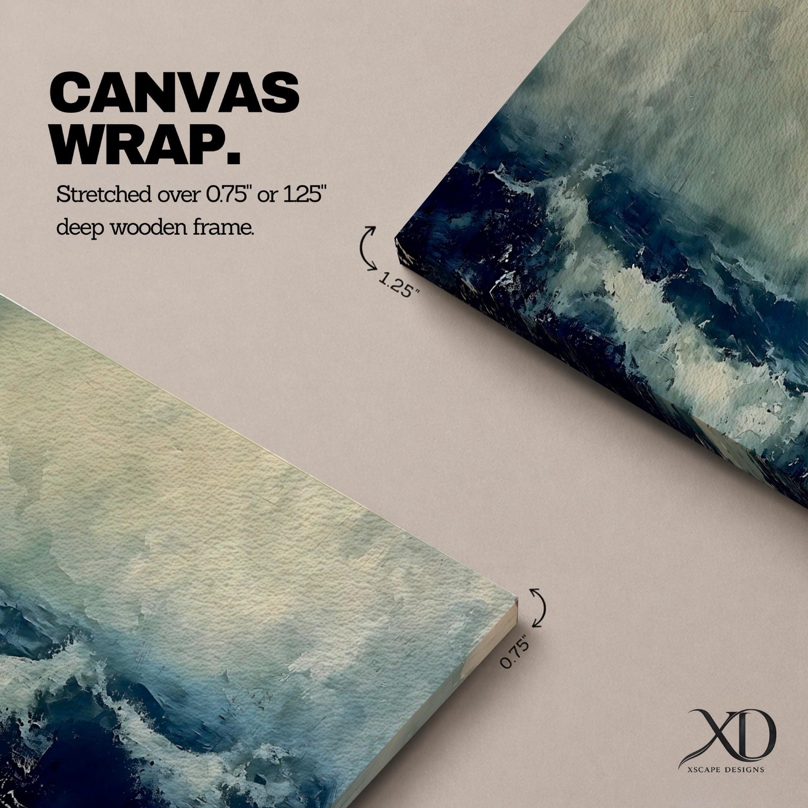 Panoramic painting of dark stormy ocean waves crashing under a cloudy sky, creating a dramatic moody seascape with deep blue water and textured white surf.