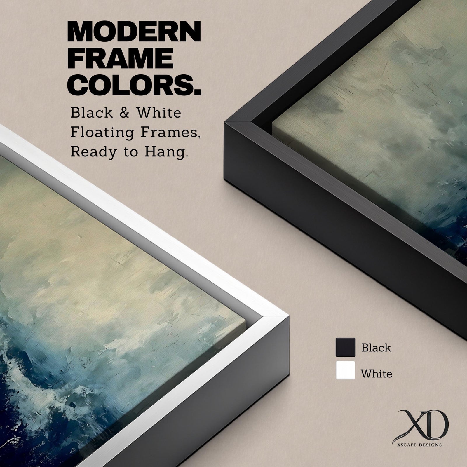 Panoramic painting of dark stormy ocean waves crashing under a cloudy sky, creating a dramatic moody seascape with deep blue water and textured white surf.