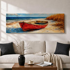 Panoramic coastal painting of a weathered red wooden boat resting on a sandy beach beside tall golden dune grass with the blue ocean and gentle waves in the background.
