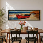 Panoramic coastal painting of a weathered red wooden boat resting on a sandy beach beside tall golden dune grass with the blue ocean and gentle waves in the background.