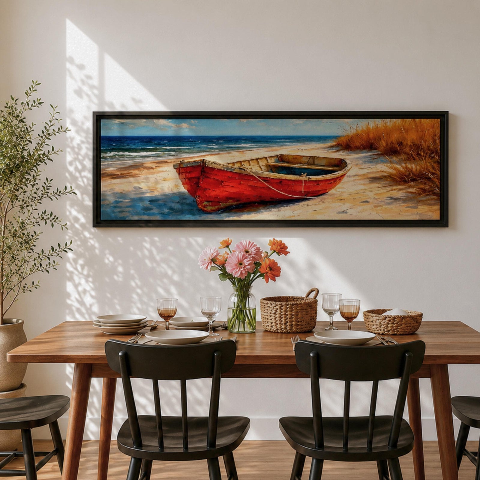 Panoramic coastal painting of a weathered red wooden boat resting on a sandy beach beside tall golden dune grass with the blue ocean and gentle waves in the background.