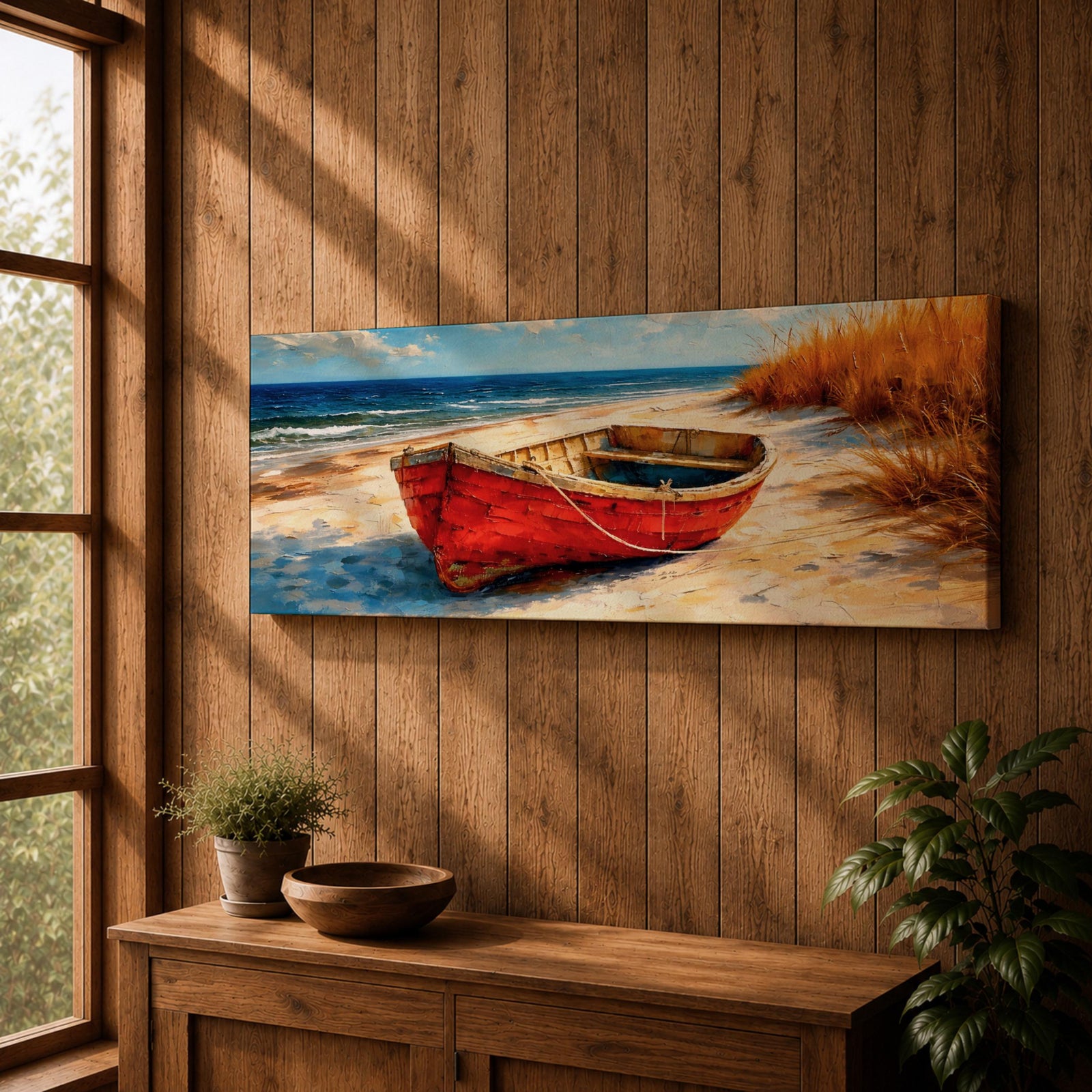 Panoramic coastal painting of a weathered red wooden boat resting on a sandy beach beside tall golden dune grass with the blue ocean and gentle waves in the background.