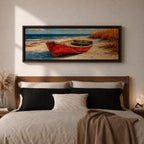 Panoramic coastal painting of a weathered red wooden boat resting on a sandy beach beside tall golden dune grass with the blue ocean and gentle waves in the background.