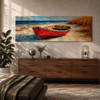 Panoramic coastal painting of a weathered red wooden boat resting on a sandy beach beside tall golden dune grass with the blue ocean and gentle waves in the background.