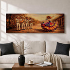 Panoramic painting of a mariachi band playing music while a Mexican folklórico dancer in a colorful flowing dress performs on a sunlit village street.