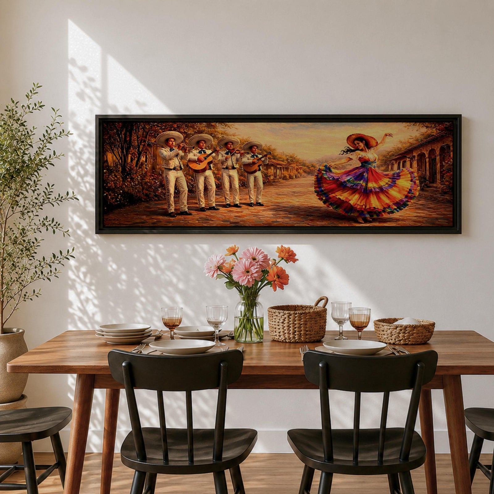 Panoramic painting of a mariachi band playing music while a Mexican folklórico dancer in a colorful flowing dress performs on a sunlit village street.