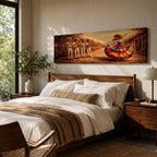 Panoramic painting of a mariachi band playing music while a Mexican folklórico dancer in a colorful flowing dress performs on a sunlit village street.