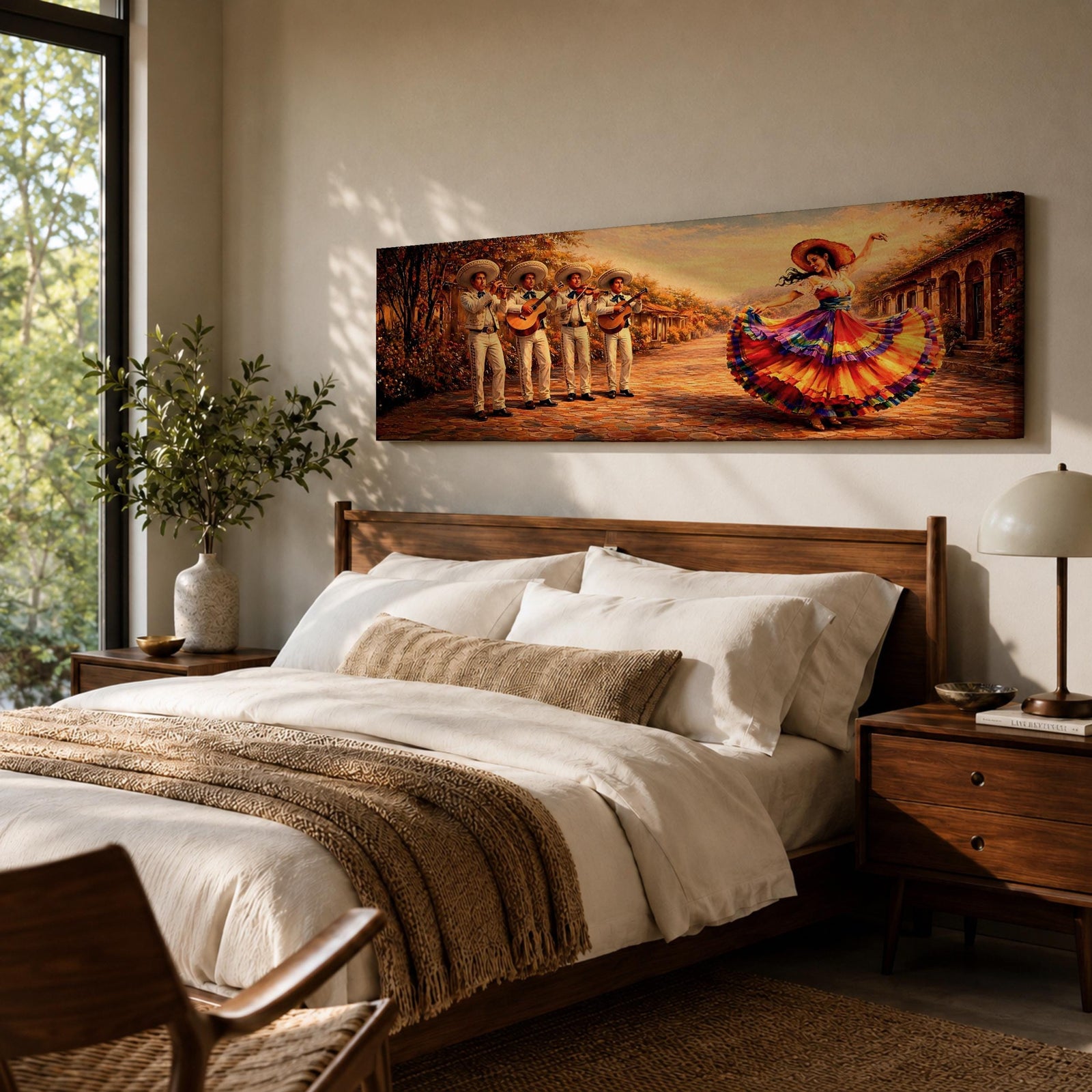 Panoramic painting of a mariachi band playing music while a Mexican folklórico dancer in a colorful flowing dress performs on a sunlit village street.