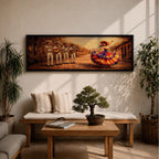 Panoramic painting of a mariachi band playing music while a Mexican folklórico dancer in a colorful flowing dress performs on a sunlit village street.