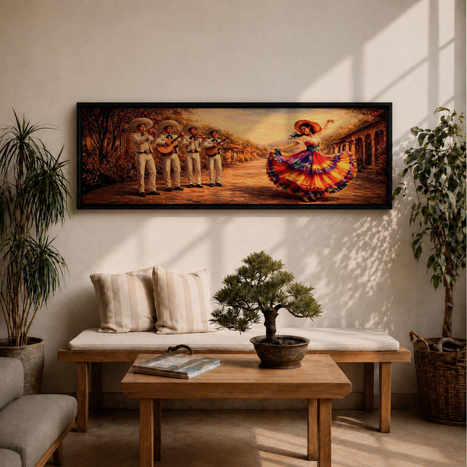 Panoramic painting of a mariachi band playing music while a Mexican folklórico dancer in a colorful flowing dress performs on a sunlit village street.