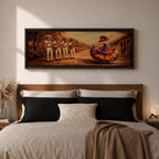 Panoramic painting of a mariachi band playing music while a Mexican folklórico dancer in a colorful flowing dress performs on a sunlit village street.