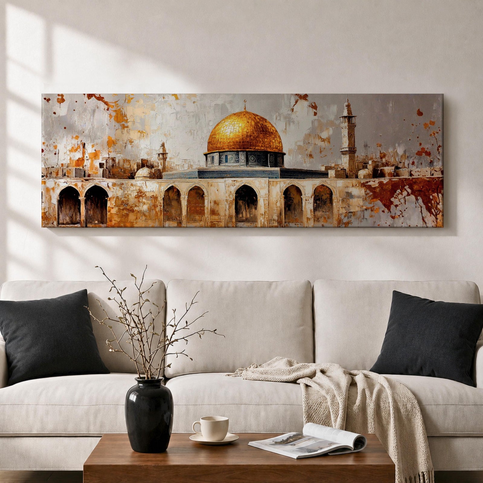 Panoramic painting of the Dome of the Rock in Jerusalem featuring the golden dome and historic stone arches with textured vintage style brushwork.