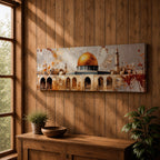 Panoramic painting of the Dome of the Rock in Jerusalem featuring the golden dome and historic stone arches with textured vintage style brushwork.