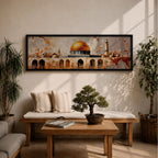 Panoramic painting of the Dome of the Rock in Jerusalem featuring the golden dome and historic stone arches with textured vintage style brushwork.