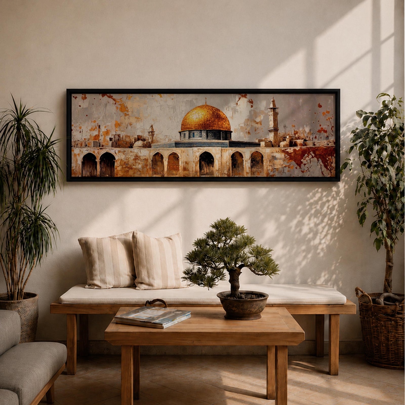 Panoramic painting of the Dome of the Rock in Jerusalem featuring the golden dome and historic stone arches with textured vintage style brushwork.