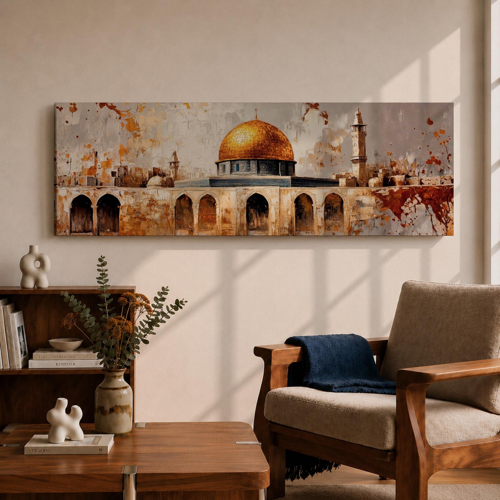 Panoramic painting of the Dome of the Rock in Jerusalem featuring the golden dome and historic stone arches with textured vintage style brushwork.