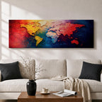 A long horizontal panoramic canvas displaying a textured abstract world map with continents formed using thick palette knife strokes. Warm tones of red, orange, and yellow shape the Americas while Europe and Africa appear in lighter hues, and Asia and Australia glow in deep reds against rich blue oceans in a modern atlas style composition.