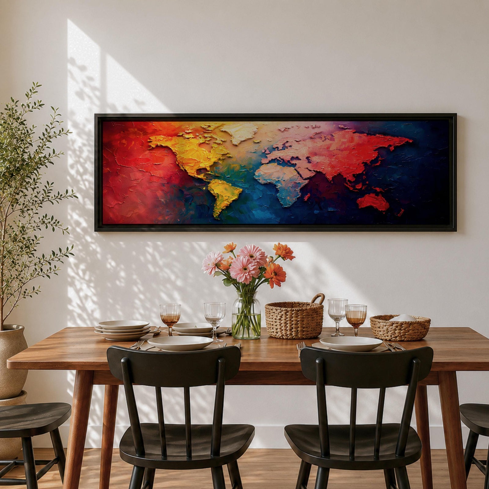 A long horizontal panoramic canvas displaying a textured abstract world map with continents formed using thick palette knife strokes. Warm tones of red, orange, and yellow shape the Americas while Europe and Africa appear in lighter hues, and Asia and Australia glow in deep reds against rich blue oceans in a modern atlas style composition.