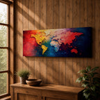 A long horizontal panoramic canvas displaying a textured abstract world map with continents formed using thick palette knife strokes. Warm tones of red, orange, and yellow shape the Americas while Europe and Africa appear in lighter hues, and Asia and Australia glow in deep reds against rich blue oceans in a modern atlas style composition.
