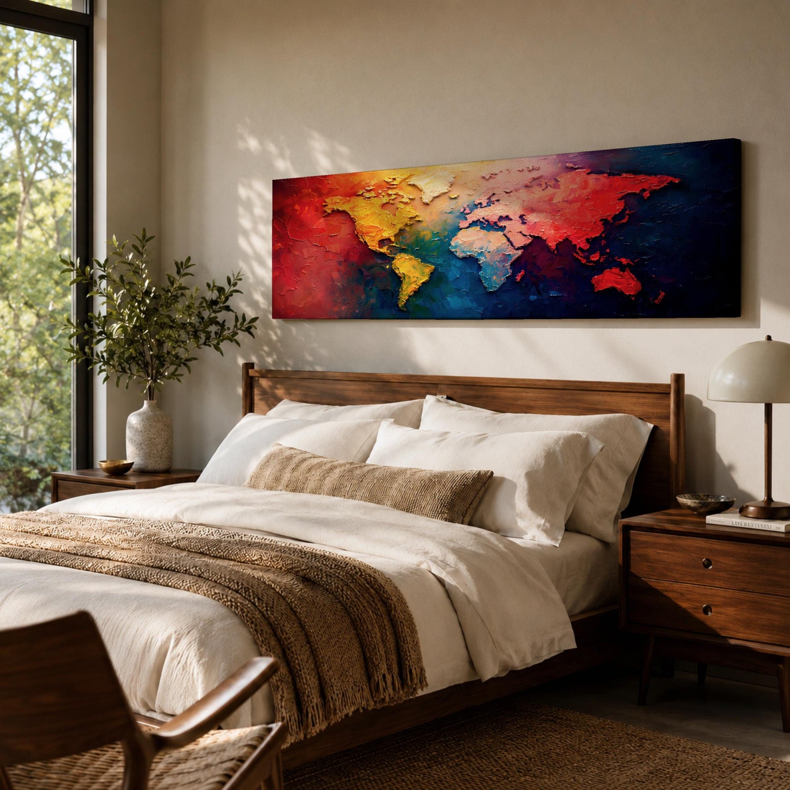 A long horizontal panoramic canvas displaying a textured abstract world map with continents formed using thick palette knife strokes. Warm tones of red, orange, and yellow shape the Americas while Europe and Africa appear in lighter hues, and Asia and Australia glow in deep reds against rich blue oceans in a modern atlas style composition.