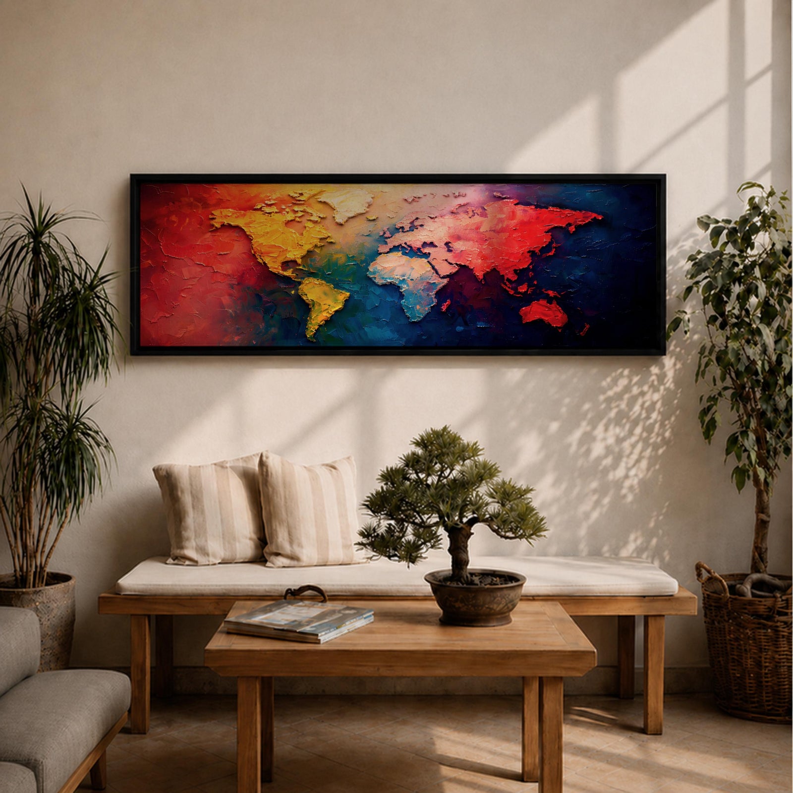 A long horizontal panoramic canvas displaying a textured abstract world map with continents formed using thick palette knife strokes. Warm tones of red, orange, and yellow shape the Americas while Europe and Africa appear in lighter hues, and Asia and Australia glow in deep reds against rich blue oceans in a modern atlas style composition.