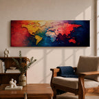 A long horizontal panoramic canvas displaying a textured abstract world map with continents formed using thick palette knife strokes. Warm tones of red, orange, and yellow shape the Americas while Europe and Africa appear in lighter hues, and Asia and Australia glow in deep reds against rich blue oceans in a modern atlas style composition.
