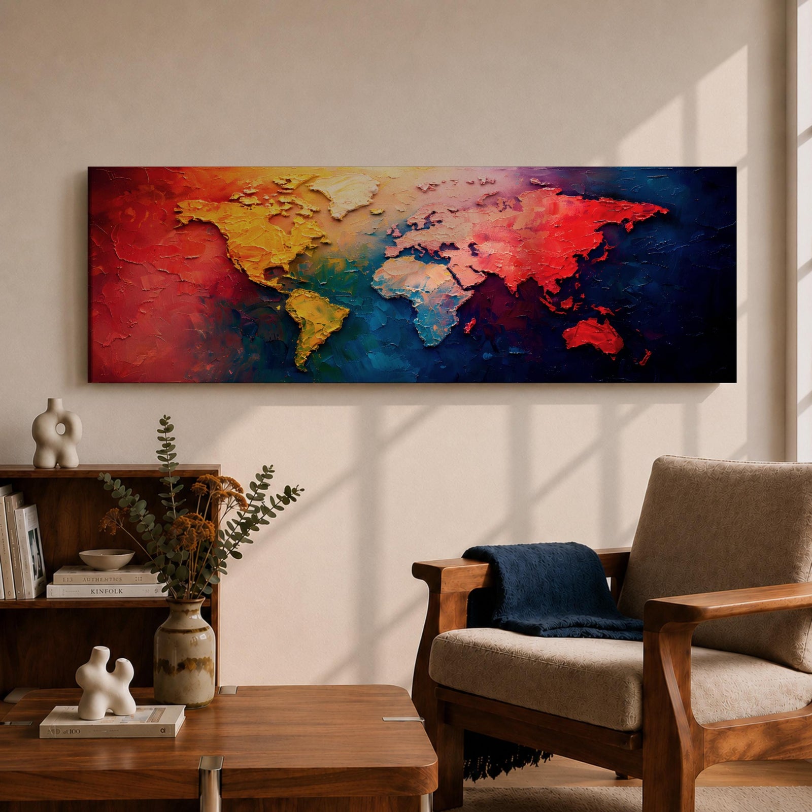 A long horizontal panoramic canvas displaying a textured abstract world map with continents formed using thick palette knife strokes. Warm tones of red, orange, and yellow shape the Americas while Europe and Africa appear in lighter hues, and Asia and Australia glow in deep reds against rich blue oceans in a modern atlas style composition.