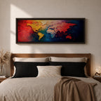 A long horizontal panoramic canvas displaying a textured abstract world map with continents formed using thick palette knife strokes. Warm tones of red, orange, and yellow shape the Americas while Europe and Africa appear in lighter hues, and Asia and Australia glow in deep reds against rich blue oceans in a modern atlas style composition.