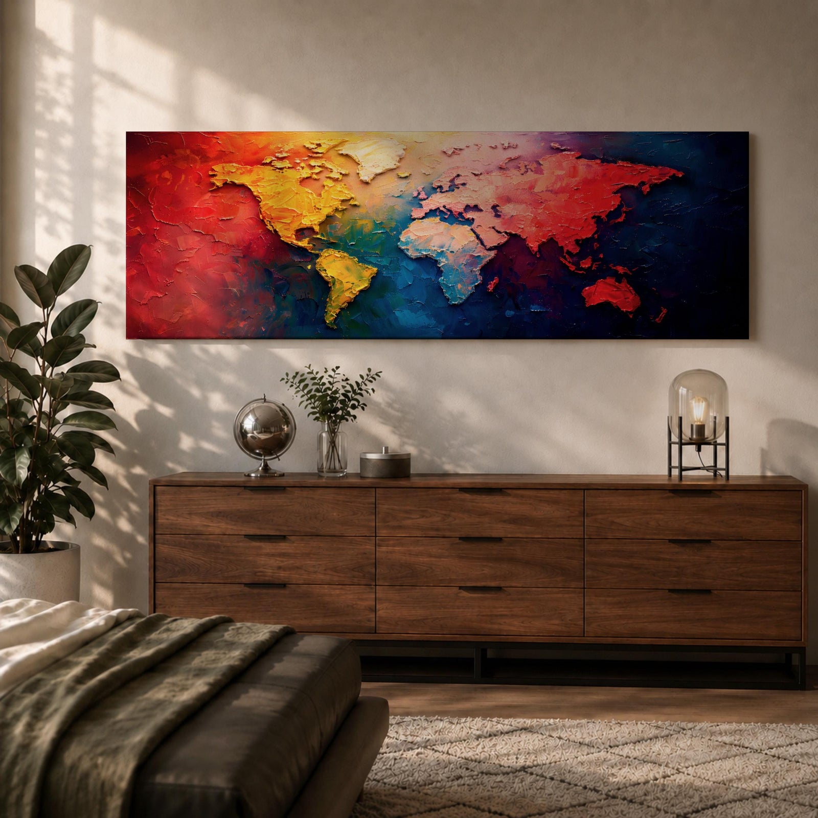 A long horizontal panoramic canvas displaying a textured abstract world map with continents formed using thick palette knife strokes. Warm tones of red, orange, and yellow shape the Americas while Europe and Africa appear in lighter hues, and Asia and Australia glow in deep reds against rich blue oceans in a modern atlas style composition.