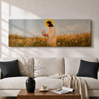 A long panoramic painting of Jesus standing in a wildflower meadow holding delicate pink flowers, wearing a flowing white robe with a golden halo behind his head. Tall grasses and blooming flowers stretch across the landscape under a soft sky, creating a peaceful Christian scene centered on Christ in nature.