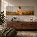 A long panoramic painting of Jesus standing in a wildflower meadow holding delicate pink flowers, wearing a flowing white robe with a golden halo behind his head. Tall grasses and blooming flowers stretch across the landscape under a soft sky, creating a peaceful Christian scene centered on Christ in nature.