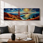 A long panoramic painting of the Golden Gate Bridge stretching across San Francisco Bay with vivid palette knife textures. The red suspension bridge rises between coastal hills while sunlight reflects across the water beneath a swirling sky of deep blues and warm yellows in an expressive impressionist landscape.