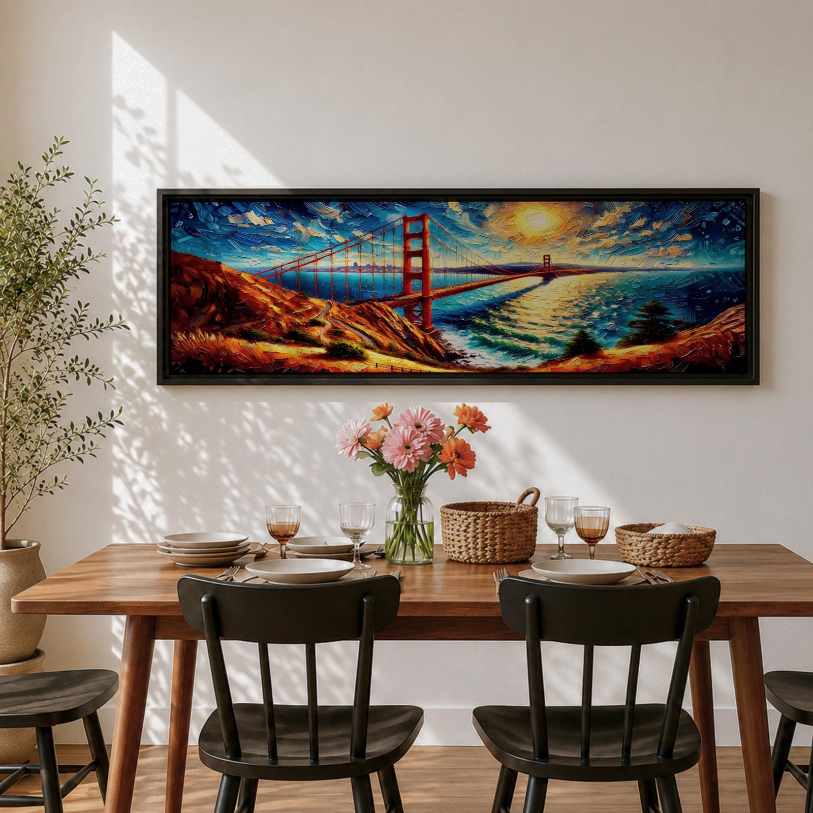 A long panoramic painting of the Golden Gate Bridge stretching across San Francisco Bay with vivid palette knife textures. The red suspension bridge rises between coastal hills while sunlight reflects across the water beneath a swirling sky of deep blues and warm yellows in an expressive impressionist landscape.