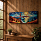 A long panoramic painting of the Golden Gate Bridge stretching across San Francisco Bay with vivid palette knife textures. The red suspension bridge rises between coastal hills while sunlight reflects across the water beneath a swirling sky of deep blues and warm yellows in an expressive impressionist landscape.
