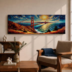 A long panoramic painting of the Golden Gate Bridge stretching across San Francisco Bay with vivid palette knife textures. The red suspension bridge rises between coastal hills while sunlight reflects across the water beneath a swirling sky of deep blues and warm yellows in an expressive impressionist landscape.