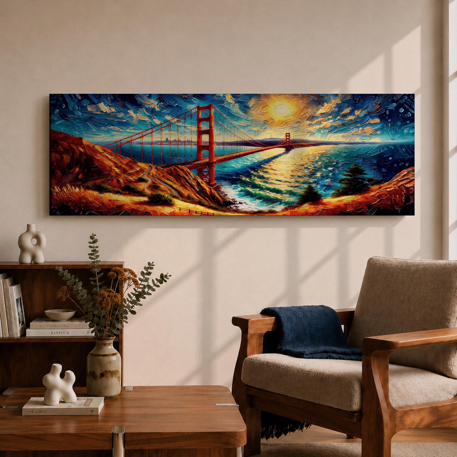 A long panoramic painting of the Golden Gate Bridge stretching across San Francisco Bay with vivid palette knife textures. The red suspension bridge rises between coastal hills while sunlight reflects across the water beneath a swirling sky of deep blues and warm yellows in an expressive impressionist landscape.